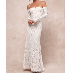 LULU'S XL White Romance Dreamer Lace Off-the-Shoulder Boho Wedding Dress 0b8